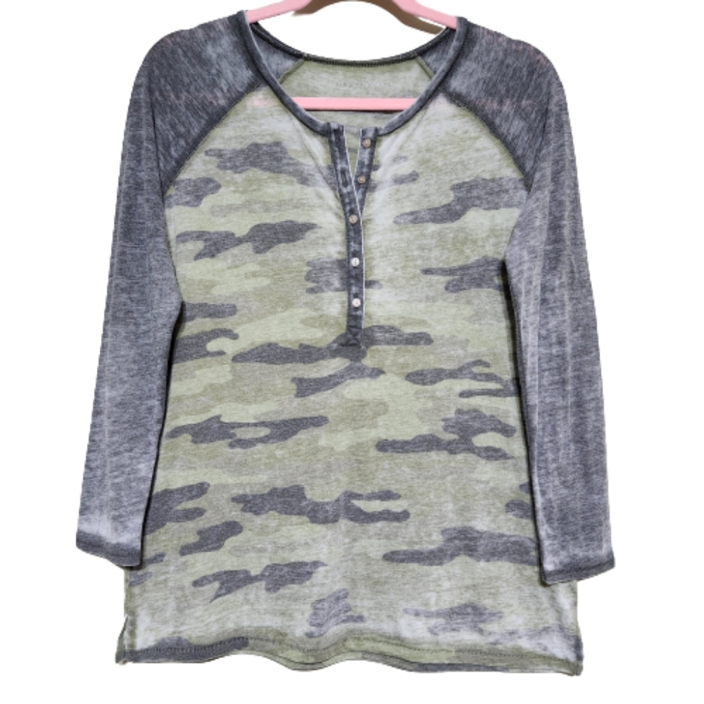 LUCKY BRAND Camo Print Henley Long Sleeve Tunic Top Women's S #0099